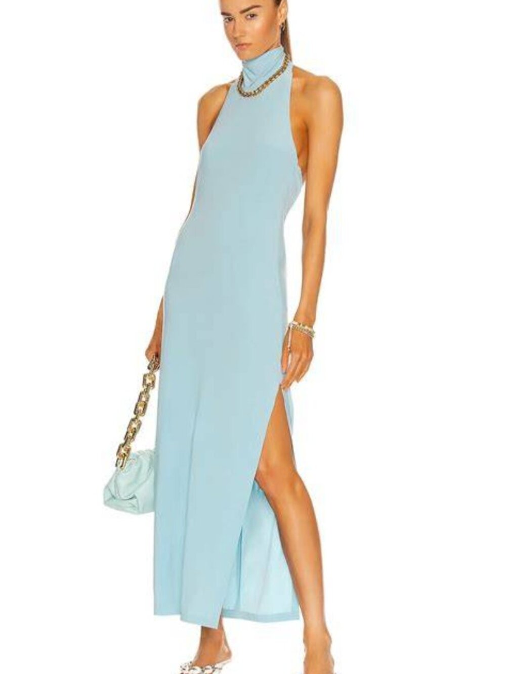 Norma Kamali Halter Turtle Side Slit Gown in Powder Blue